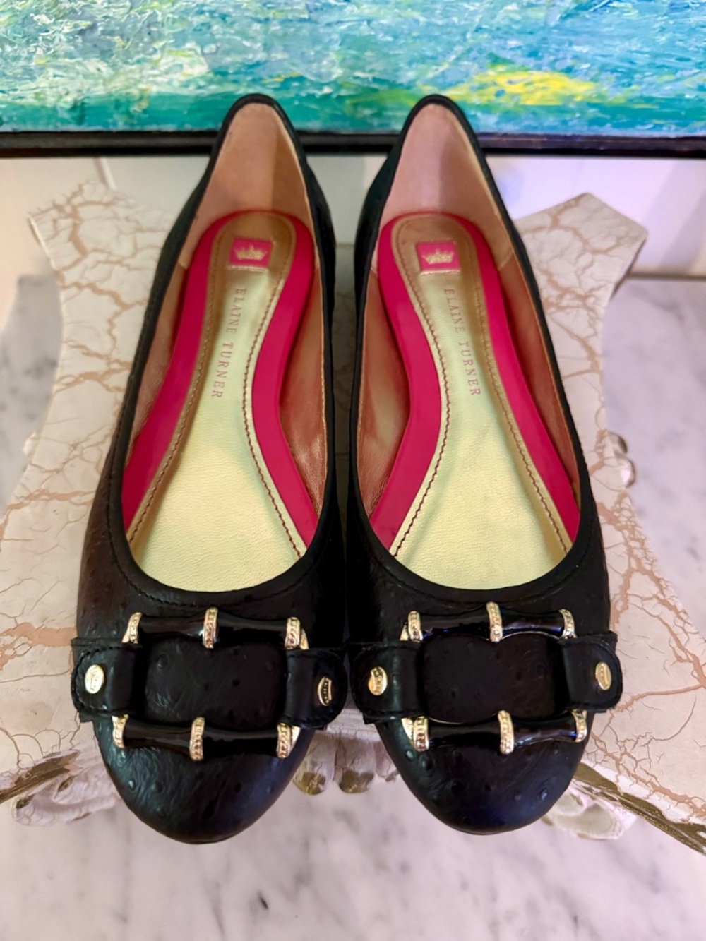 Elaine Turner Black Leather Flats with Gold Buckle and Pink Inside Trim